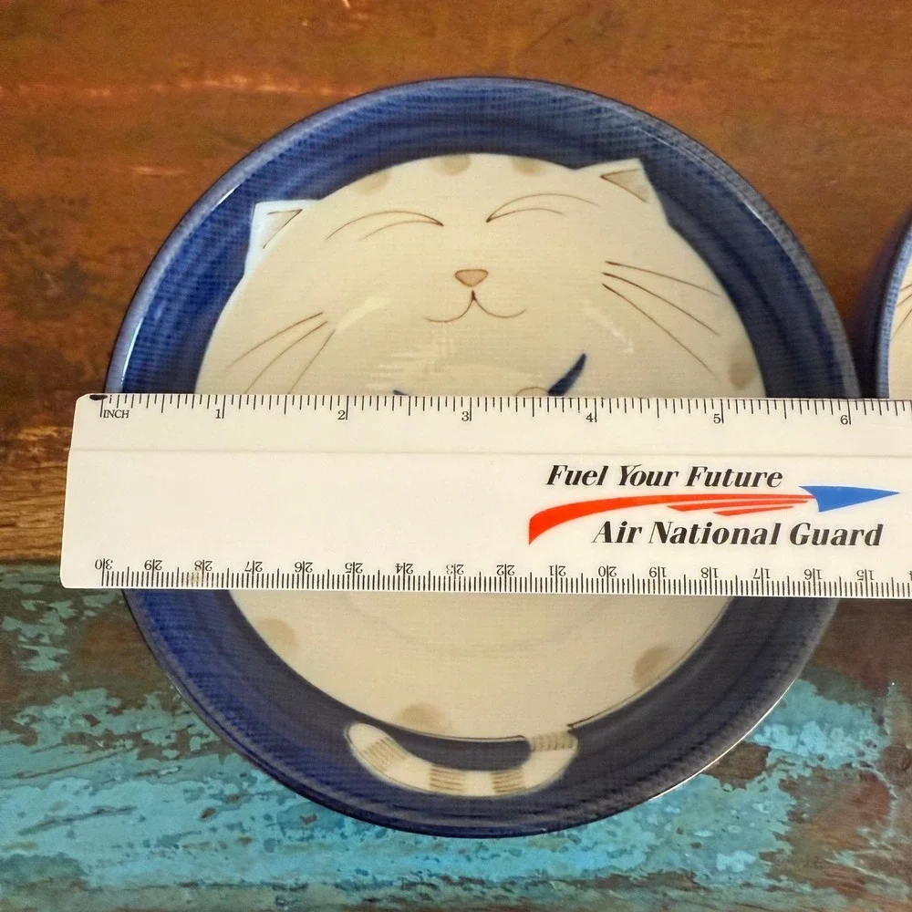 KAFU Japanese Ceramic Fat Cat Rice Bowls Set Blue White Smiling Warai Neko